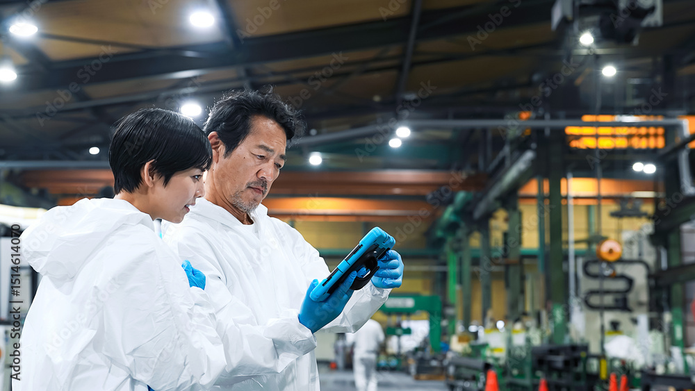 Aufkleber 工場を点検する防護服を着た男女作業員