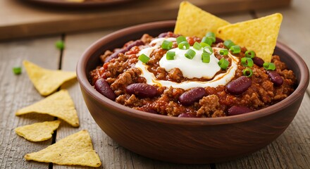 Hearty Chili Con Carne with Tortilla Chips in Rustic Bowl
