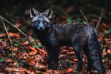 Silver fox standing in autumn leaves