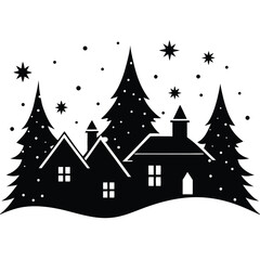 Black and white illustration of a snowy winter village scene with christmas trees and stars.