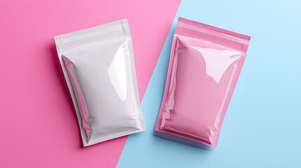 Two blank, glossy, resealable pouches in pink and white.
