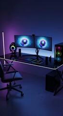Modern Gaming Setup with Dual Monitors, RGB Lighting, and Futuristic Aesthetic