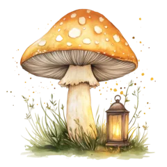 Mushroom House with Lantern Watercolor Illustration with Transparent Background
