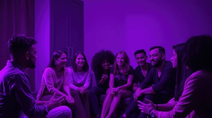 Group sits in circle, talking under purple light