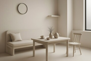Warm Neutral Interior – Minimalist Teatime Setup with Monochrome Furniture