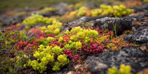 Colorful arctic tundra plants and moss grow among rocks, showcasing vibrant natural ground cover in a rugged landscape.