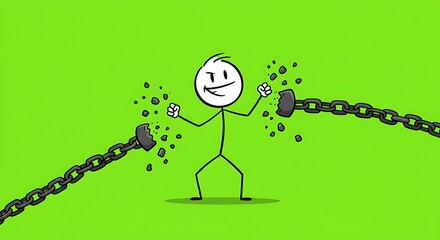 Determined Stick Figure Breaking Chains: Freedom, Strength, and Resilience Concept