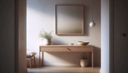 A simple minimalist entryway with a wooden console table, a small mirror, and a single ceramic bowl for keys, Ai created image