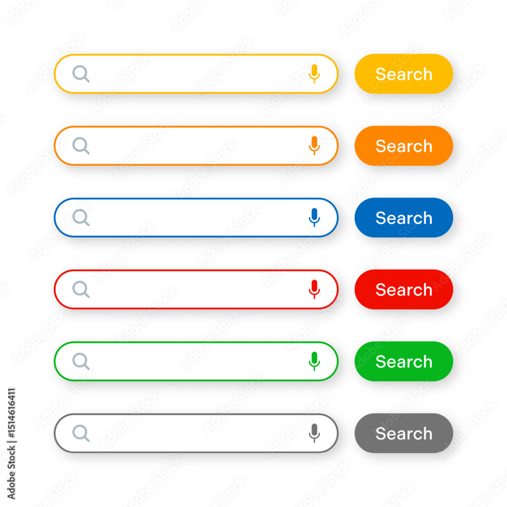 Fototapete Various search bar templates. Internet browser engine with search box, address bar and text field. UI design, website interface element with web icons and push button. Vector illustration