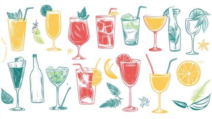 Colorful illustration of various cocktails and mixed drinks in different glasses, garnished with fruits and mint