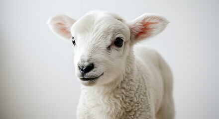 Fototapeta premium An endearing close-up portrait captures the innocent charm of a fluffy white baby lamb. The young farm animal looks slightly off-camera with gentle, dark eyes, its soft, pristine woolly coat and delic