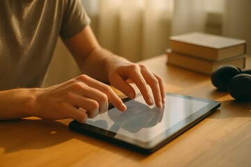 Person using a tablet on a wooden desk with books and headphones nearby