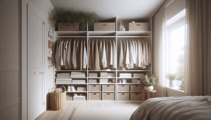 A perfectly organized minimalist closet with white shelves, folded neutral clothing, and a single woven basket, Ai created image