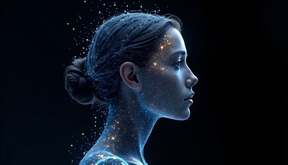 Woman Profile Sparkling with Gold and Blue Light Against Dark Background