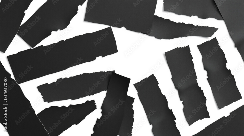 Poster scattered black paper strips with rough edges creating a textured abstract design on a white surface