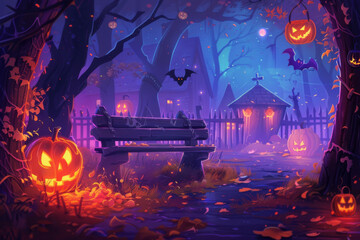 Obraz premium Haunted graveyard scene with eerie trees, silhouettes, and a spooky atmosphere at dusk.