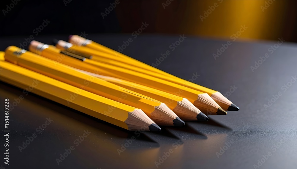 Poster a close-up shot showcasing a collection of sharp yellow pencils with erasers resting on a dark refle