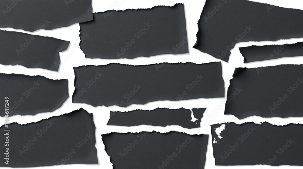 Poster scattered black ripped paper pieces on a white background creating a chaotic and textured design loo