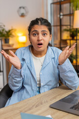 Portrait of stress offended woman boring dissatisfied looking at camera shake head no rejection...