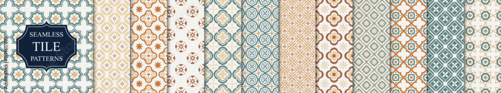 Poster collection of tile mosaic seamless ornamental vector patterns. elegant color geometric oriental repe