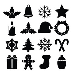 Collection of silhouetted christmas icons including festive bells snowflakes and holiday symbols