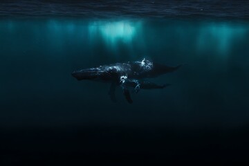 Humpback whale family swimming ocean depth