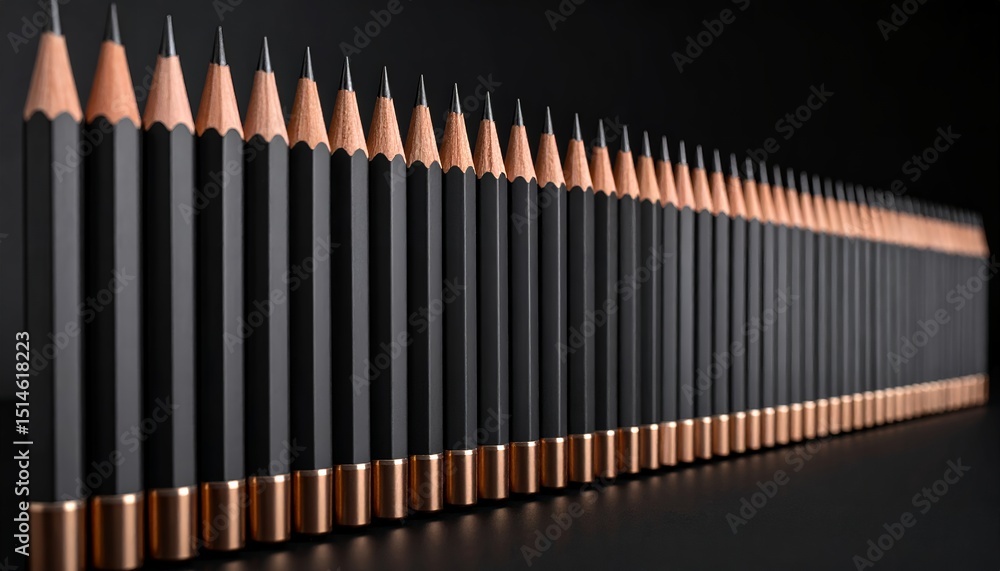 Poster a neatly arranged perspective view of a row of sharp black pencils with copper-colored metal ferrule