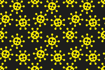 Cartoon seamless virus pattern. Pandemic black and yellow danger background with abstract medical bacteria symbols. Vector illustration for fabric, design, print, wallpaper, cover, covid concept