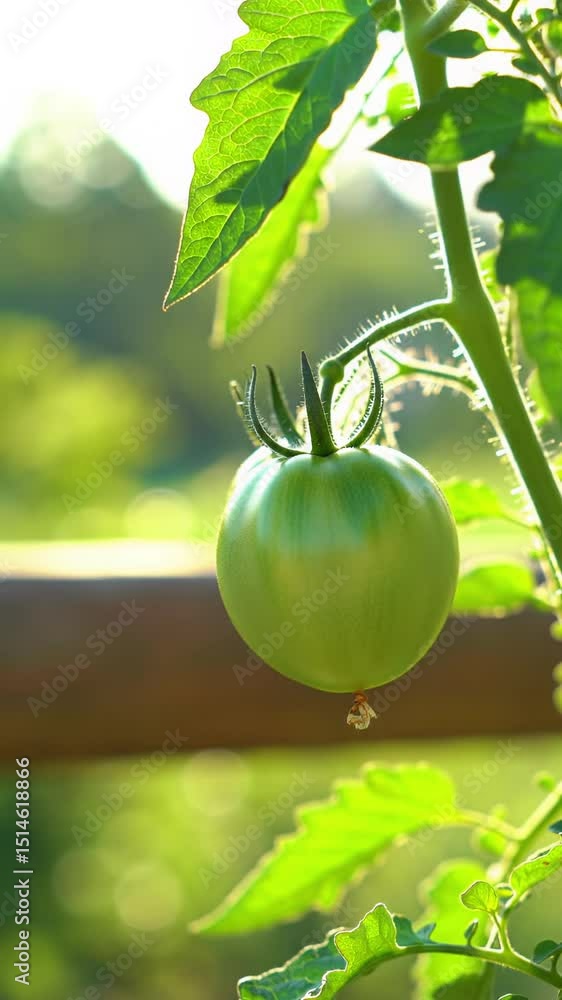Poster close-up vertical video of a vibrant green tomato on a vine with fuzzy stem & large leaves in sharp 