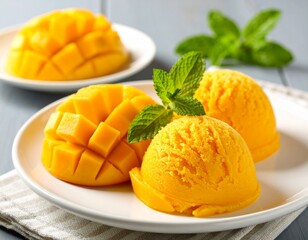 smooth mango sorbet served with fresh mint garnish for a tropical dessert