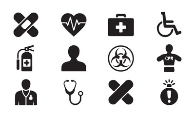 Collection of Black and White Medical and First Aid Icons