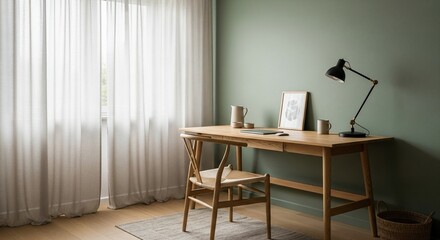 Fototapeta premium Serene Home Office Desk with Natural Light and Minimalist Decor