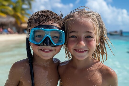 Young Caucasian siblings with snorkel equipment Caribbean resort
