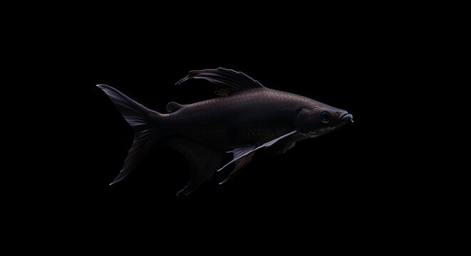 A sleek, dark-bodied Shark Catfish (Pangasius sp.), possibly an Iridescent Shark variant, glides gracefully through an inky black void. 