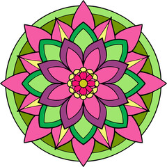 Boho inspired mandala artwork with ethnic floral shapes and harmonious structure in calm vibrant tones