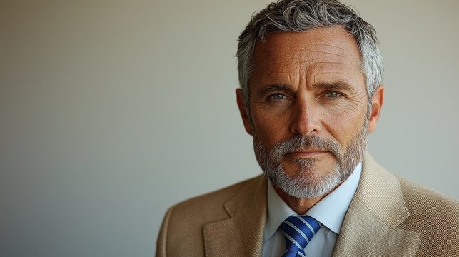 Distinguished mature man in suit with gray hair and beard, exuding confidence and professional elegance