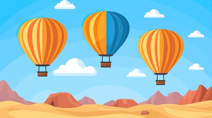 Three colorful hot air balloons float over a desert landscape.