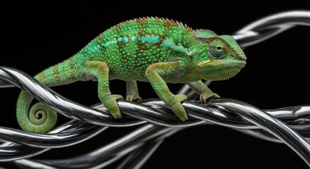 Obraz premium Emerald in the Shadows: Green Lizard Against the Darkness