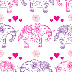 Seamless pattern with cute elephants and hearts. Hand drawn vector illustration.