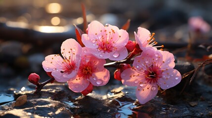 red plum blossoms, just growing out of the ground, bright light, natural landscape in the background.