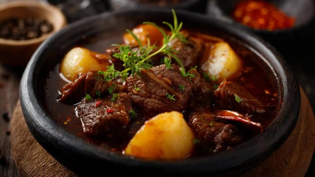close up Boeuf Bourguignon tender beef stew slow-cooked to perfection in a deep, flavorful red wine sauce.