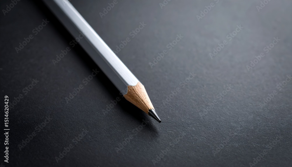 Poster close up of a sharpened gray pencil on a dark surface, showcasing its wooden tip and graphite point 