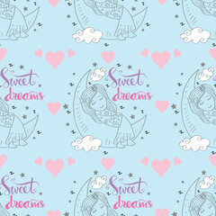 Seamless pattern with cute girl sleeping on the moon. 