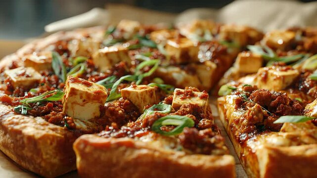 close up spicy and savory Mapo Tofu pizza 