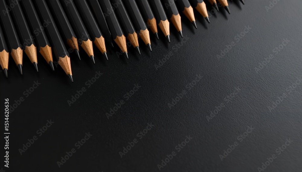 Poster close up shot of a row of black pencils arranged diagonally on a textured dark surface, creating a m