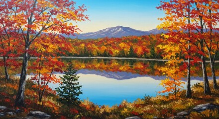 Fototapeta premium Autumn Lake Reflection - Serene autumn landscape painting of a calm lake reflecting colorful trees and mountains under a clear sky