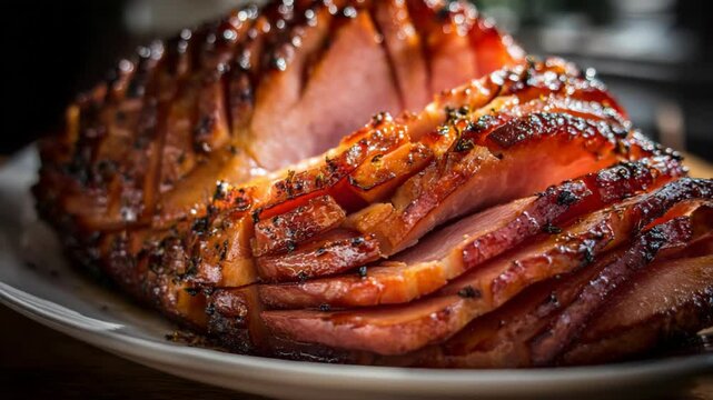close up sliced ham on plate 