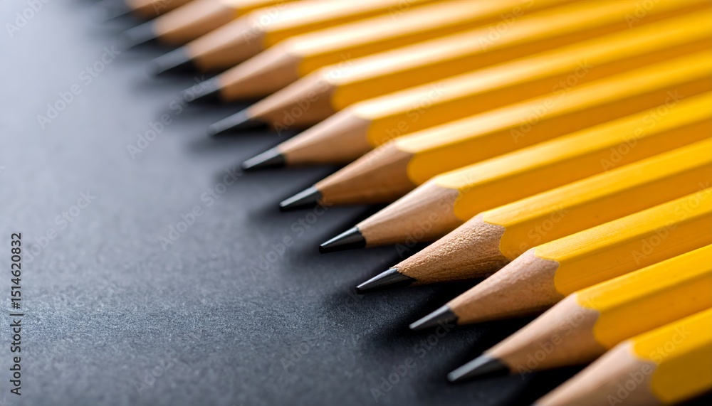 Poster close-up shot showcasing a diagonal row of sharpened yellow pencils with their graphite tips pointin