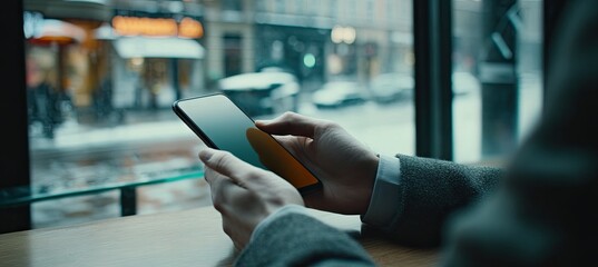 Man using phone in cafe by window