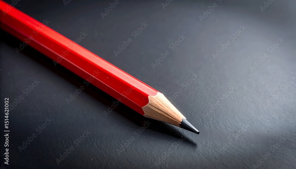 Poster close-up studio shot of a sharpened red pencil lying diagonally on a dark textured surface with a sh